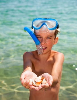 Boy wearing snorkeling gear showing seashells
