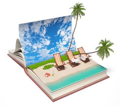 Open book with a tropical beach inside. 3d concept 