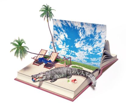 Crocodile on the beach page. creative literature concept