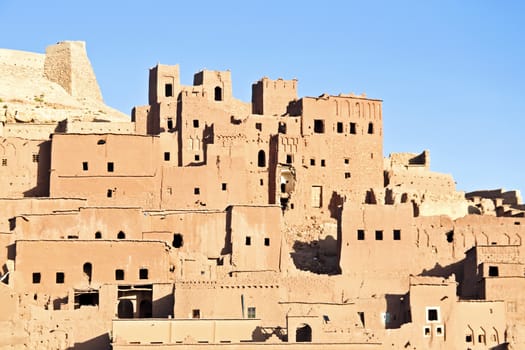 The fortified town of Ait ben Haddou near Ouarzazate Morocco on the edge of the sahara desert in Morocco. Famous for its use as a set in many films such as Lawrence of Arabia, Gladiator