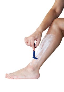 woman shaves her leg isolated on white background