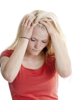 exhausted young woman, isolated on white