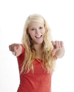 cocky young blond woman cheering