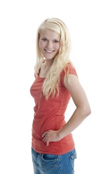 happy young blond woman against white background