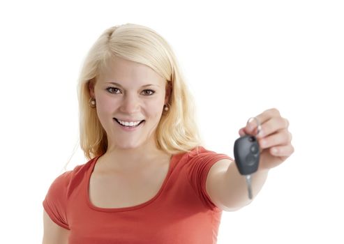 happy young blond woman with car keys