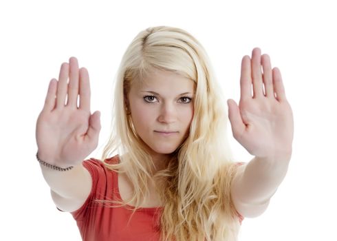 beautiful young woman showing stop with two hands