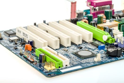 close up of computer motherboard with shallow focus