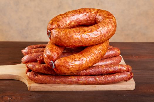 Smoked sausage on a kitchen table