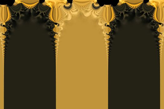 Repeating pattern made out of twirling spiral shapes on a black and gold background