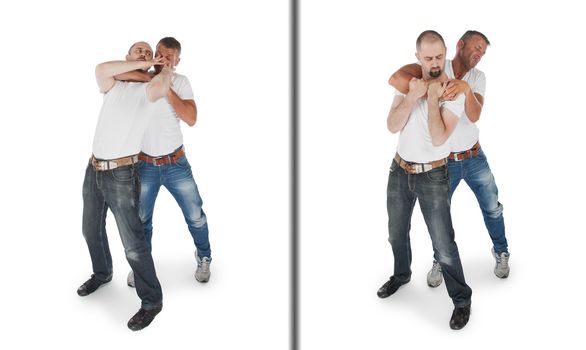 Man defending against a headlock, isolated on white