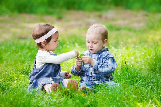 Little kids play outdoors on the grass