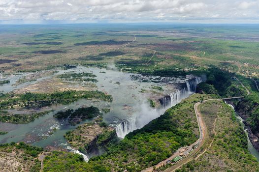 The Victoria Falls from air in Zimbabwe.