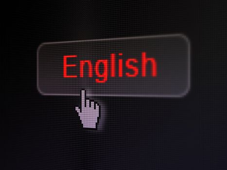 Education concept: pixelated words English on button with Hand cursor on digital computer screen background, selected focus 3d render