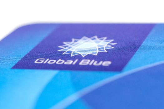 MUNICH, GERMANY - FEBRUAR 20, 2014: Logotype of tax free company "Global Blue". Have your Tax Free Forms completed automatically when you shop abroad, saving you time and money!