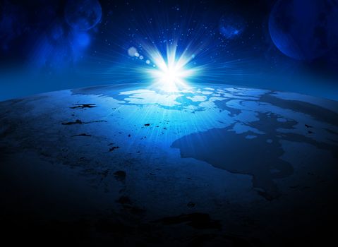 Earth planet in sun rays. Elements of this image are furnished by NASA