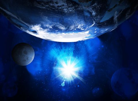 Earth planet in sun rays. Elements of this image are furnished by NASA