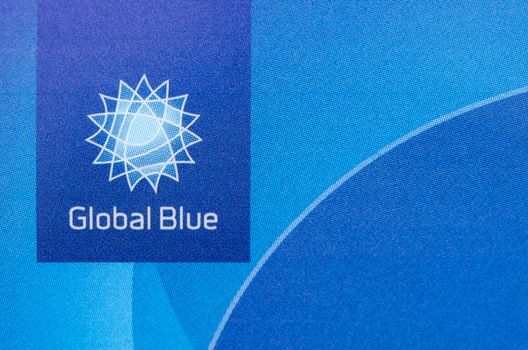 MUNICH, GERMANY - FEBRUAR 20, 2014: Close up logo "Global Blue" on plastic card. Easy way to tax free refund shopping.