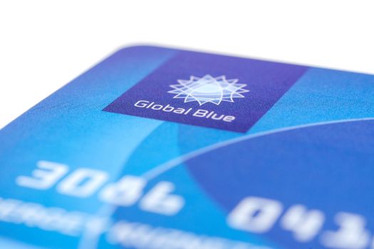 MUNICH, GERMANY - FEBRUAR 20, 2014: Close up logo of tax free company "Global Blue" on plastic card. Isolated on white.