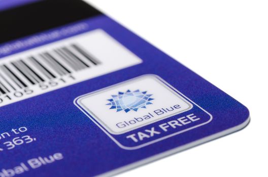 MUNICH, GERMANY - FEBRUARY 24, 2014: Close up plastic card "Global Blue" with magnetic stripe and barcode.
