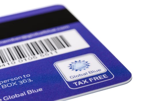 MUNICH, GERMANY - FEBRUARY 24, 2014: Barcode, magnetic stripe and logo on backside of Tax Free plastic card. Isolated on white.