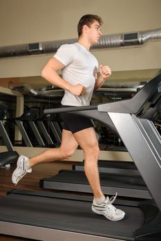 young handsome man running at treadmill in gym