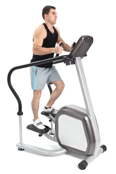 one man doing step machine exercise, on white background