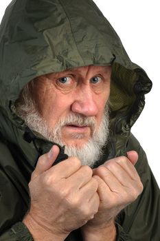 pathetic senior man in green waterproof hoody