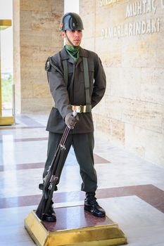 Turkish guard soldier at entrance of Ataturk Mausoleum in Ankara, Turkey