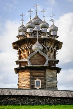 Antique wooden Church of Transfiguration at Kizhi island in Russia under reconstruction