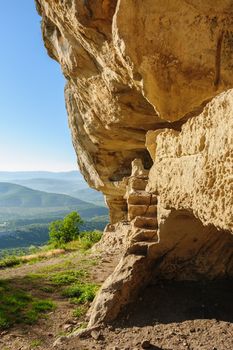 Caves at Tepe Kermen, Crimea, in the morning rays of sunlight