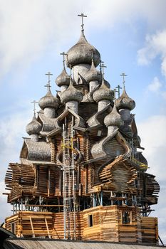 Antique wooden Church of Transfiguration at Kizhi island in Russia under reconstruction