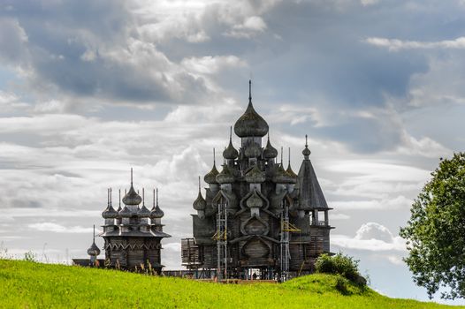 Antique wooden Church of Transfiguration at Kizhi island in Russia under reconstruction
