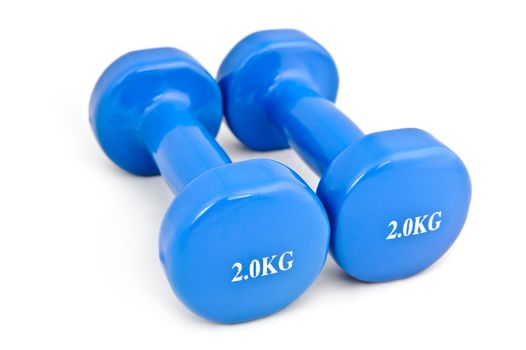 pair of 3 kg rubber dipped blue dumbbell, selective focus