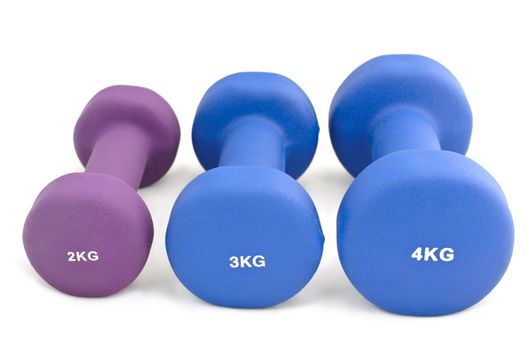 set of three rubber-dipped dumbbells of different weights