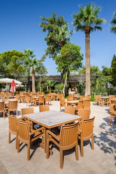 Sidewalk cafe near the pool in Pamukkale resort, Turkey