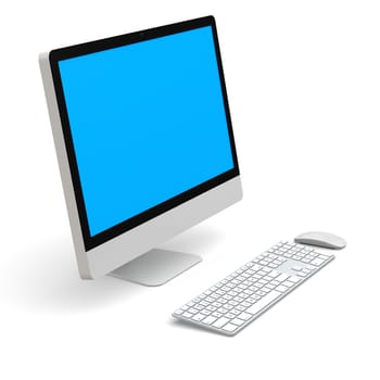 Modern desktop computer with blue screen isolated on white background