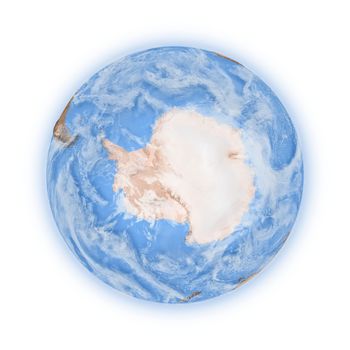 Antarctica on blue planet Earth isolated on white background. Highly detailed planet surface. Elements of this image furnished by NASA.