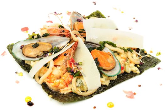 Risotto with seafood, mediterranean and japanese cuisine fusion