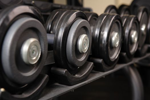 Row of black barbells in the rack, ready for workout