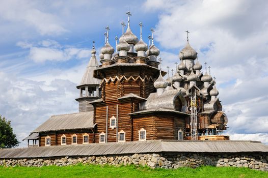 Antique wooden Church of Transfiguration at Kizhi island in Russia under reconstruction