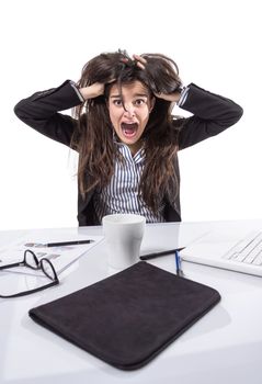 Portrait of crazy stressed young business woman screaming and pulling her hair over white background