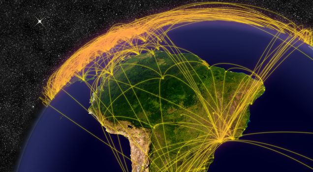 Air travel network over South America. Elements of this image furnished by NASA.