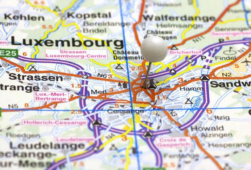 Luxembourg City on a map indicated by a thumb tack