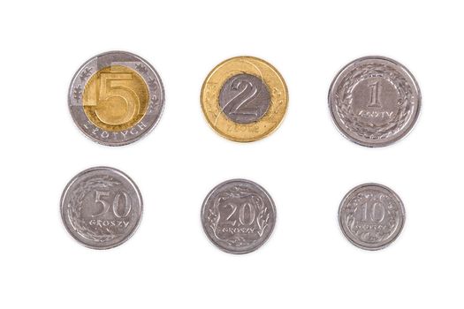 Polish coins isolated on white background with clipping path