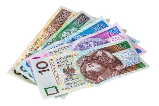 Set of polish banknotes isolated on white background with clipping path