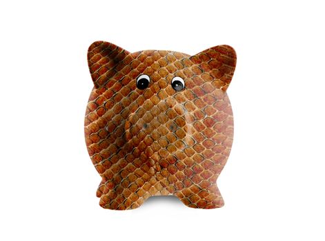 Unique pink ceramic piggy bank isolated, Snake skin