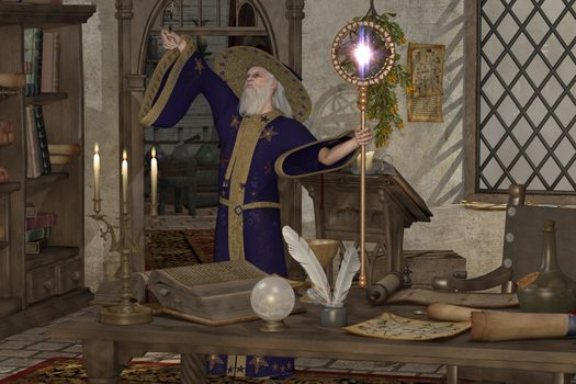 A wizard in his library casts a spell with his magic wand and staff.