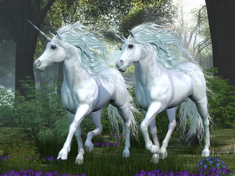 Two white unicorns prance through an elm tree forest full of spring flowers.