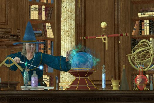 A magician casts a spell with his wand and crystal ball in his library and laboratory.