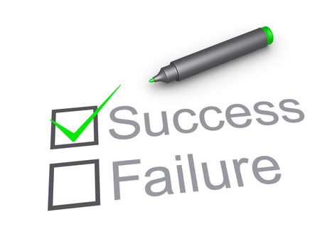 Check mark symbol in the box of success and a marker